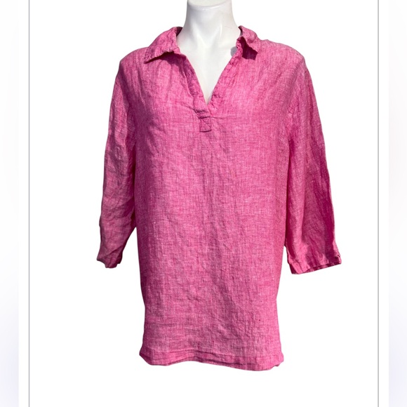 Tahari Linen Top plus size 2x Fuchsia pink short sleeve blouse tunic fall - Picture 2 of 7
